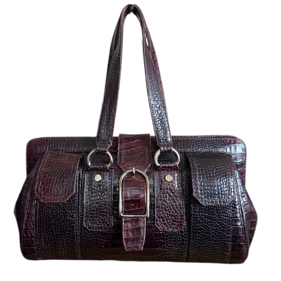 Stuart Weitzman Croc Embossed Brown Shoulder Satchel Bag Purse - Picture 1 of 16